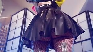Pinkish haired Luvie lady is glossy up her meaty jiggly spandex bootie with lengthy opera spandex mittens in fishnets and semi-transparent shoes