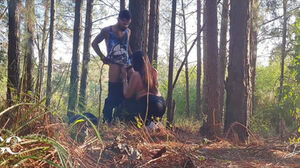 Wifey screwing in the forest with the ebony XXL jizz-shotgun