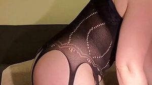 Fucking my pussy and arse in a black body stocking