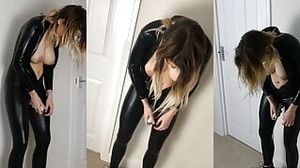 Hot wife in catsuit takes stranger's cum on her face