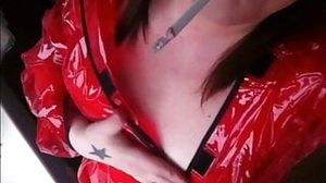 British BBW Tina Snua Wears A PVC Mac & Smokes - Chubby Topless Slut Smoking A Cigarette In Red Plastic Coat