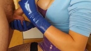 Nutting rigid after being jacked in blue spandex mittens - teaser