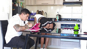 Sista looks for her stepbrother's jizz-shotgun under the table! Finishes up with her twat crammed with spunk