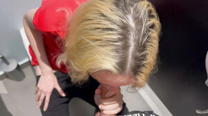 Risky hookup in a public men's rest room with a uber-cute blondie damsel. She unloaded all over the floor and we nearly got caught.