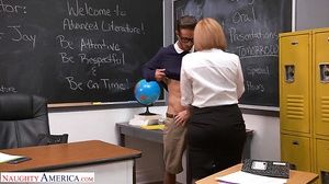 Buxom mature teacher Sara Jay seduces student to drill her right on the table