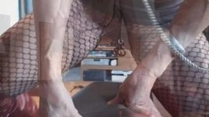nippleringlover rubbing pierced pussy on couch - boots fishnet - pierced nipples chain - labia rings