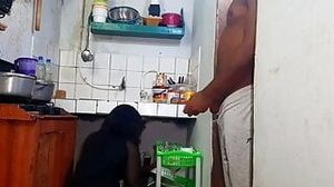 Son porks his stepmother in the kitchen while she is washing the dishes