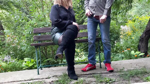 Mature cougar in jaw-dropping clothes helps a fellow piss outdoors