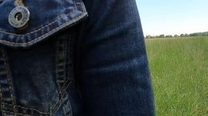 My stepmom jerks my cock in the fields and empties it in her black thong before coming home
