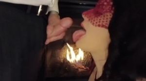 Fireside blowjob: Handcuffed hotwife deepthroats and swallows every drop of cum
