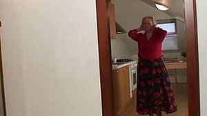 Very old blonde granny pleases two workers