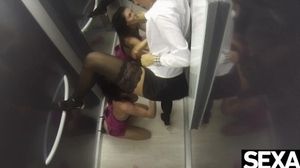 'Cute lesbians go down in an elevator to eat each other's pussy'