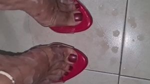 Cum on my wife's feet and red heels (Cumshot Compilation)