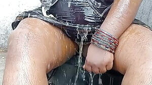 Tamil wifey bathing in outdoor