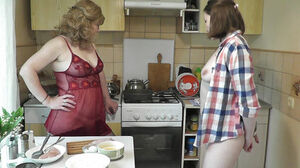 Sexy light-haired cougar and mind-blowing dark haired female in the kitchen sans undies. Pantyhose translucent negligee. Nudists. Donk. Cooter