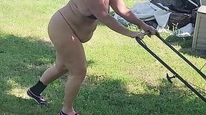 Got back to find wifey mowing in a g-string swimsuit, her caboose and hips shaking with every step