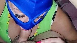 Milf in a mask and leather skirt will make you cum