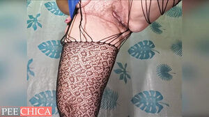 Wooly grannie labia urinating in bathroom with internal ejaculation