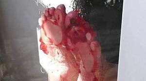 Mistress Bare Feet Press And Rub Against The Glass And Crush Food