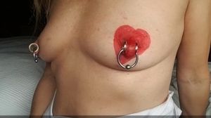 'nippleringlover topless pierced tits big stretched nipples painted red for valentines day'