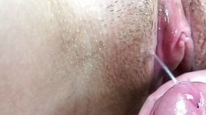 Fucked and Covered with Sperm her Pissing Pussy. Close-Up