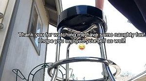 Banging barstool outdoor in torn stretch pants with total bladder spurting urinate until ejaculation