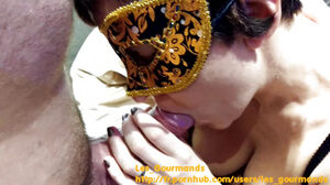 A hooded cougar in jaw-dropping underwear gargles her husband's man rod and plays with his spunk in her gullet.
