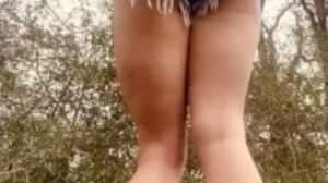 Cougar phat ass white girl in little cutoffs shakes her large booty in public park while on a hike