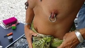 'nippleringlover nude beach cooking topless - pierced pussy wide open huge stretched nipple piercings'