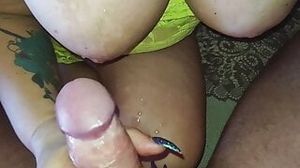 Stepmom showed her big tits and helped to cum on them