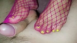 Foot fetish fuck with stepmom in a fishnet suit