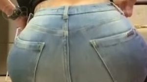 Lady ripping off her taut denim and arching over