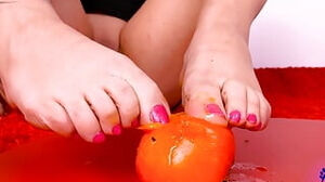 Barefooted Grimy on Fruit, I stomp You and predominate You, domina Mary Rider stomps Fruit as if It Were You.