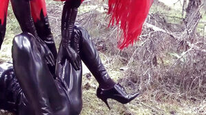 Female dom harassment Outdoor: spandex domme and love glove subjugated