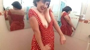 'Pinup honey has no underpants in front of mirror Retro antique bare maid Housewife'
