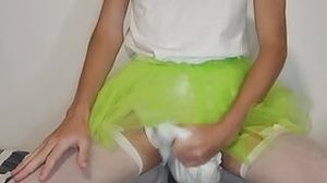 Nappy Sissy dressed in A Green tutu wanking And jizzing in Her nappy