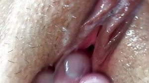 Clit Masturbation with Dick. Pussy Fuck. Cum in the inside of the Vagina. Creampie and Fisting. Female Orgasm. Close-up.