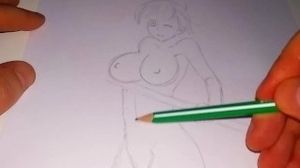 Nude Anime female with a sexy bod props up her jugs with a pillar