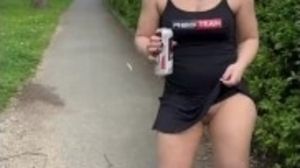 Walking with anal plug and piss on the path