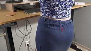 Cougar assistant In Jean microskirt taunts evident g-string Line