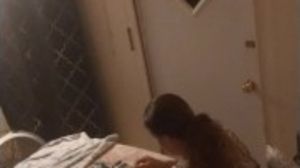 Beautiful white girl smokes in black night gown  with a roommate part 1