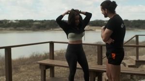 Fit Latina saddles her trainer's cock while during outdoor training