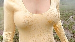 Wife gets her tee-shirt all moist and demonstrates her brilliant stripped to the waist mounds in public.