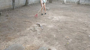 Wifey sans undies working in front yard taunting hubby