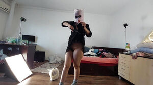 Mind-blowing mother has joy attempting on clothes and cutting them. Brown-haired unshaved vag, monstrous udders.