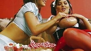 Pouring whipped cream on her belly and her big juicy lesbian boobies