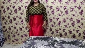 Super-steamy Indian Bhabhi display yam-sized inborn breasts in crimson Silk Saree with sloppy Hindi chats